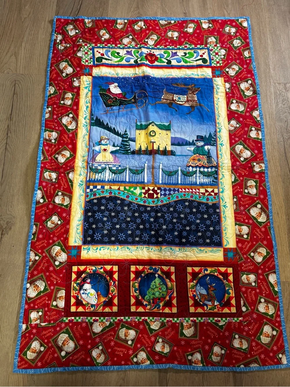 Holiday Patchwork Quilted Throw - Red & Blue Festive Design